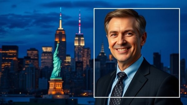 NYC skyline and the long game in real estate success with businessman inset.