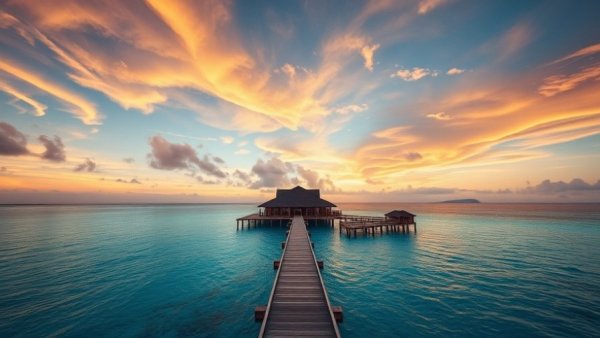 Spectacular sunset view of a tropical resort over turquoise waters.