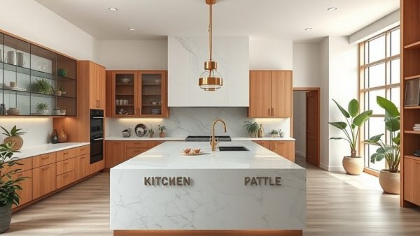 Transitional kitchen with marble island, glass cabinets, and brass fixtures.