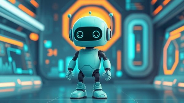 Cartoon teal robot in digital environment, home assistant features.