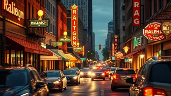 Vibrant Raleigh street with bustling restaurants and cars at dusk.
