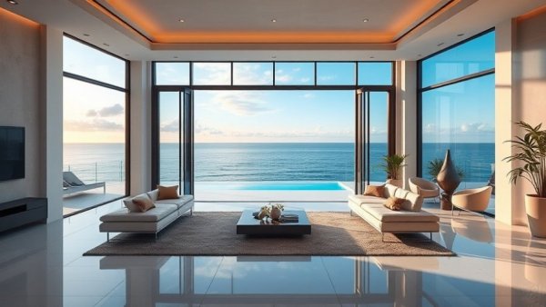 Modern luxury living room with ocean view in New Zealand.