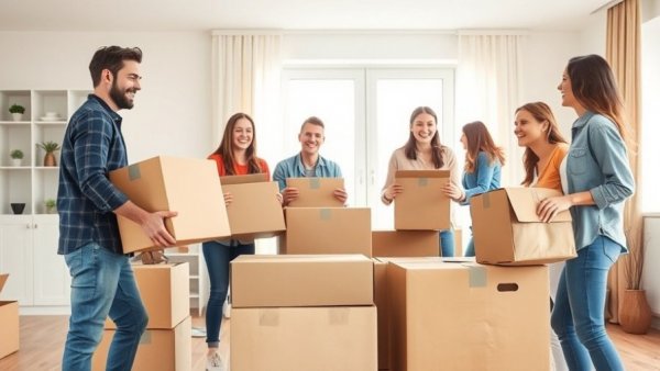 Young adults packing for a move in a bright living room, holding boxes.