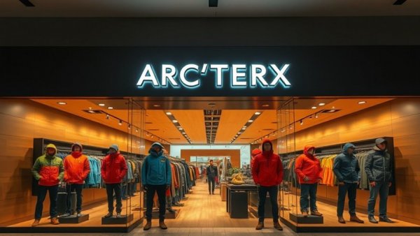 Arc'teryx store entrance with mannequins showcasing hiking jackets, Arc'teryx jacket trend in China.