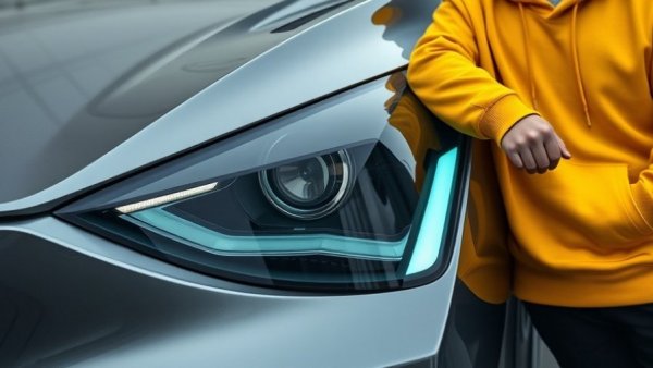 Xiaomi SU7 electric car headlight with person in yellow hoodie.