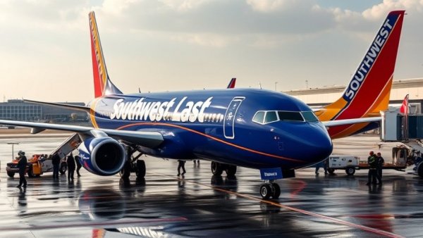 Southwest Airlines plane on tarmac with ground crew, Trump administration Southwest Airlines fine