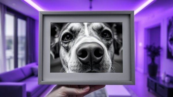 Bloomin8 Smart Frame displaying dog photo in purple-lit modern setting.