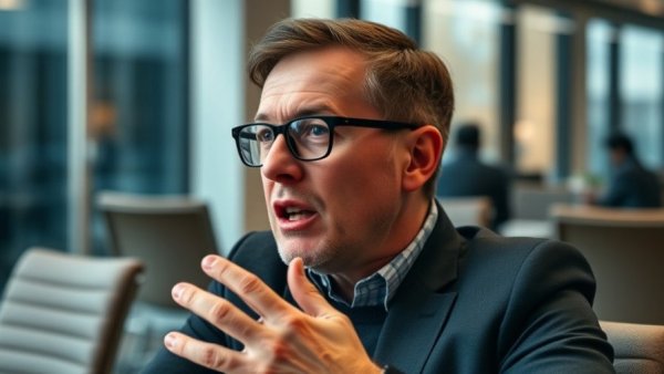 Exceptional Founder Qualities: Man in a modern office speaking passionately.