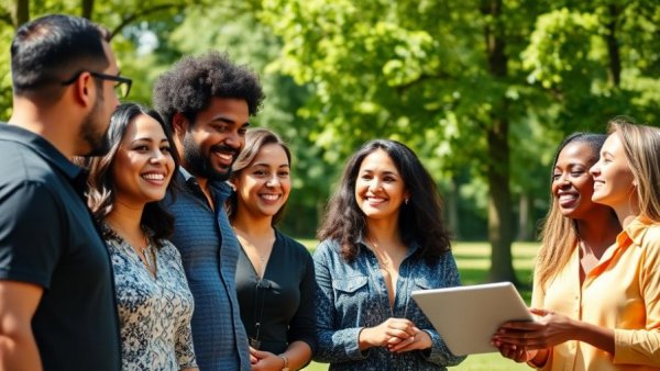 Colleagues engaging in a team-building exercise outdoors.