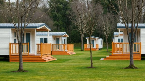 Two mobile homes in a serene park setting with wooden decks.