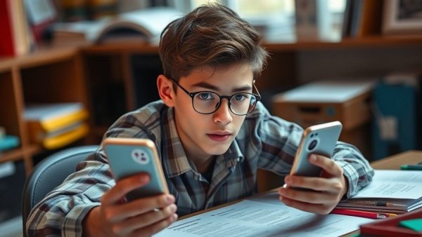 Youth engaged with smartphone chatbot in AI chatbot competition setting.