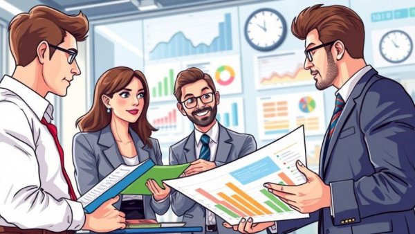 Illustration of a B2B customer journey map with business team analyzing charts in modern office.