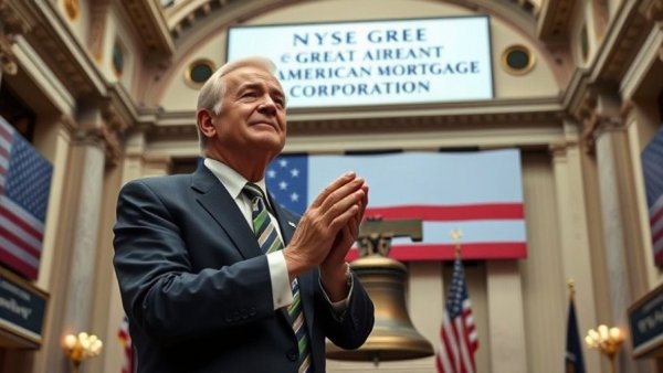 Politician at NYSE stage clapping with mortgage corporation banner