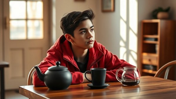 Young person in red jacket pondering early metabolic stress and brain health.