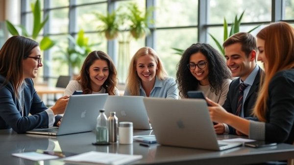 Professionals using social media scheduling tools in office setting.