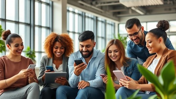 Business team reviewing Best Social Media Posting Apps on devices in modern office.