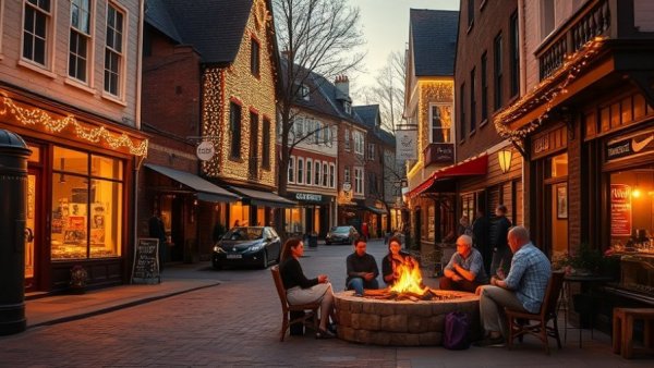 Charming evening street adorned with festive lights, showcasing Holiday Halo Effect on Small Businesses.