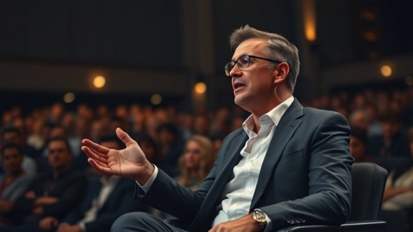 Dynamic entrepreneur shares insights on stage with captivated audience.