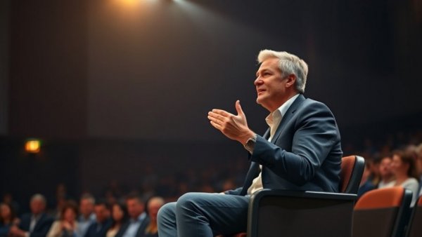 Entrepreneur sharing wisdom at a conference, blurred audience.