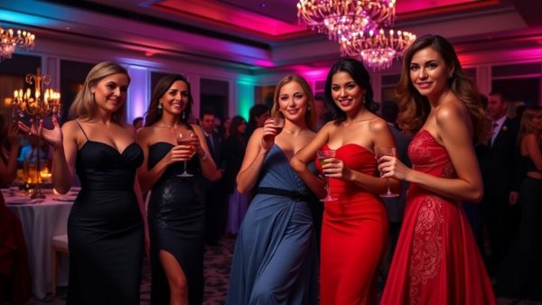 Elegant women at glamorous event showcasing style.