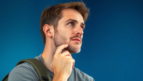 Man thinking beside a lightweight travel backpack in blue background.