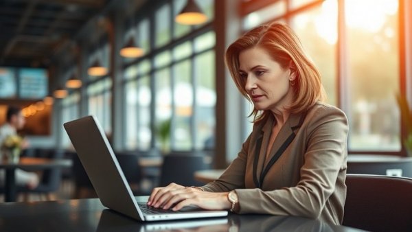 Mature woman working on laptop in café, Credit Risk Analytics Services.