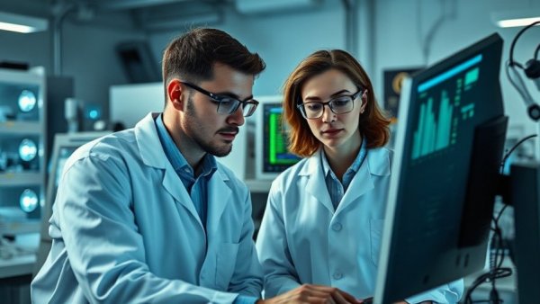 Scientists in healthcare data clean room analyzing data on a computer.