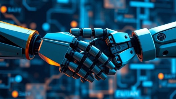 Two robotic hands shaking, representing AI standards group cooperation.