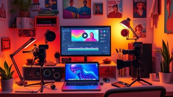 Vibrant workspace with video editing tools and decor, video editing guide.