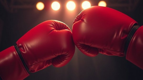 Boxing gloves ready to clash under spotlight, symbolizing competition.