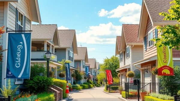 Charming UK suburban houses and marketing banners under sunny skies.