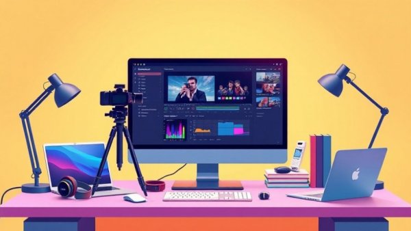 Modern desk setup for step-by-step video editing with various tools.