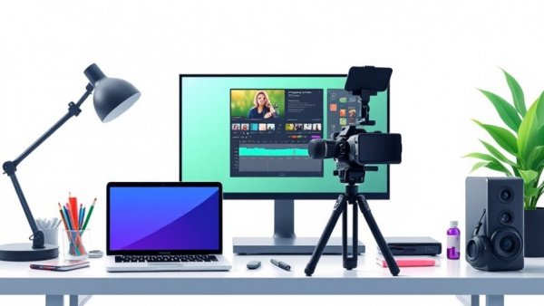Modern video editing workspace with equipment and tools.
