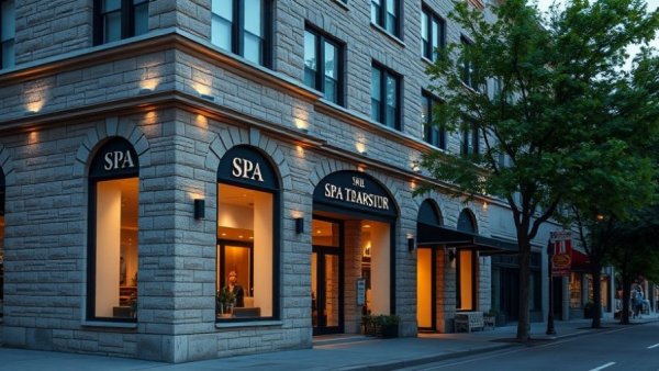 Spavia Day Spa expansion with stone facade and modern signage.