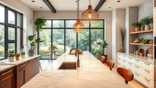 Modern kitchen with marble counters and large windows, showcasing what sells a home.