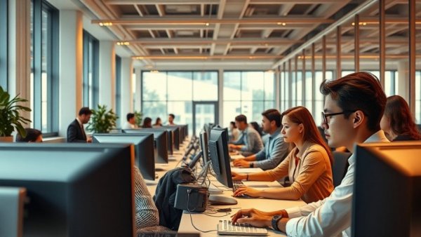 Modern office environment with focused employees using computers, showcasing AI support for employees.