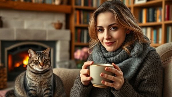 Cozy woman sipping tea by a fireplace with a cat, Science Behind Wellness Teas.