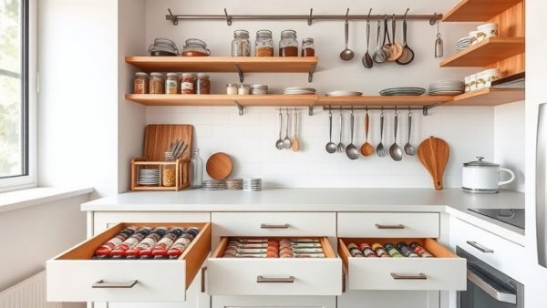 Diverse kitchen storage ideas showcasing spices, pans, and shelves.