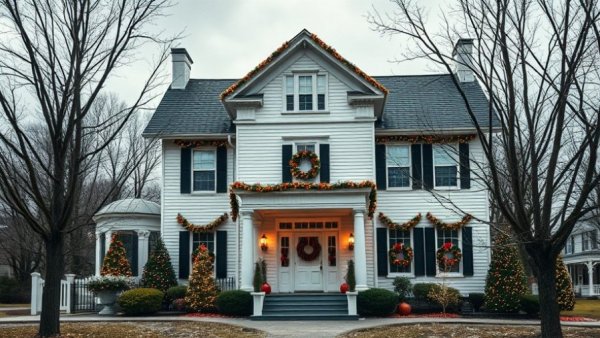 Nathan Lester House decorated for holiday celebration.