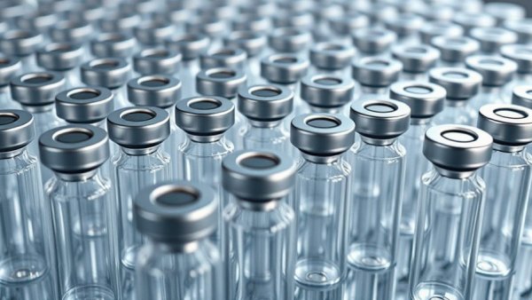 Neatly arranged medical vials in a laboratory setting.
