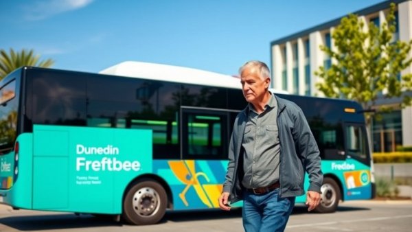 Dunedin Freebee shuttle program showcased by man at city hall.