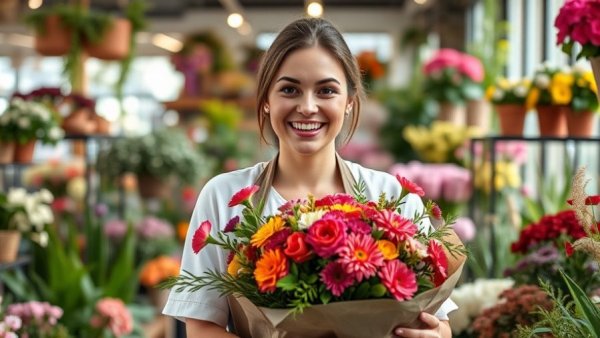 Cheerful florist smiling in flower shop, holding a bouquet, Selling Your Business Challenges