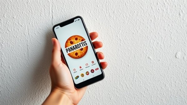 Hand holding smartphone with Panarottis delivery app against a white wall.