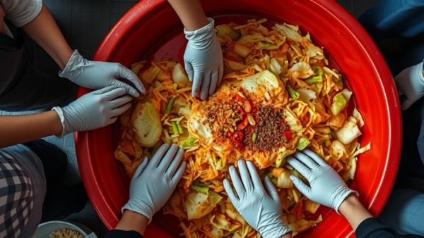 Kimjang in Vancouver: people making kimchi with cabbage in red basin.