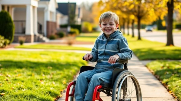 Smiling boy in wheelchair on suburban path, Disability Rights Lawyers Budget Cuts