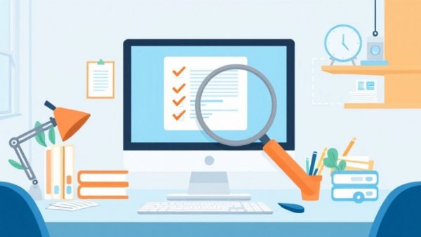 Modern office workspace with digital background check concept illustration.