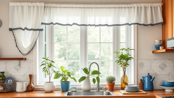 Elegant and varied kitchen window treatments in cozy kitchen setting.