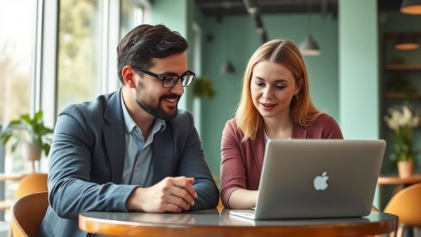 Two professionals engaged in focused work at a laptop in a stylish cafe, highlighting leadership as a skill.