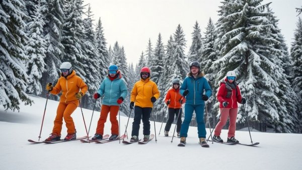 Skiers on snowy slopes in Big Sky Montana with pine trees.