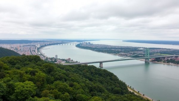 Aerial view of Oregon coastal city and bridge relevant to tsunami shelter funding.